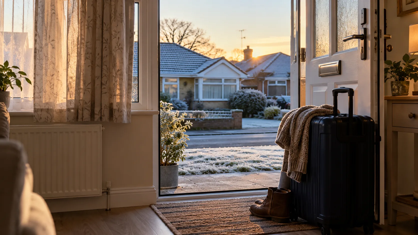 Packed suitcase by the open front door of a bungalow on a frosty winter morning with a radiator under the window