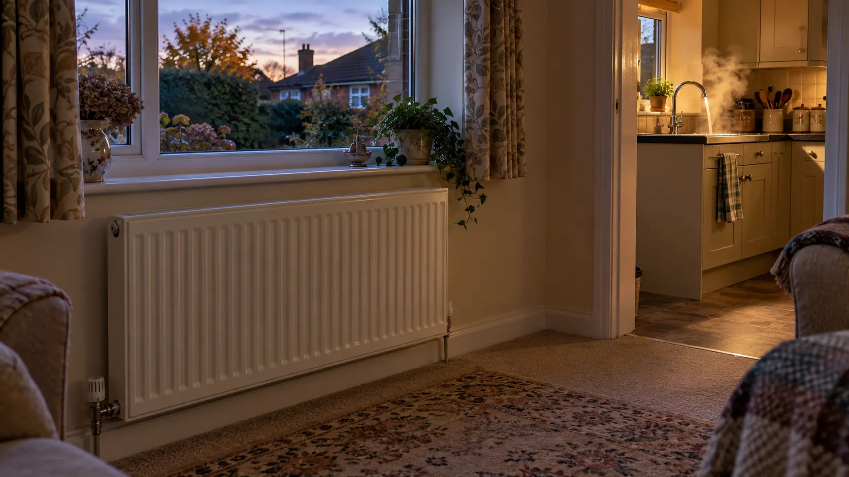 Cold white radiator under a living room window on an autumn evening with a hot tap running in the kitchen beyond